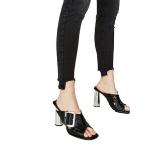 Zara Embossed Crossover Leather Metallic Chrome Mules Sandals High Heels 7.5